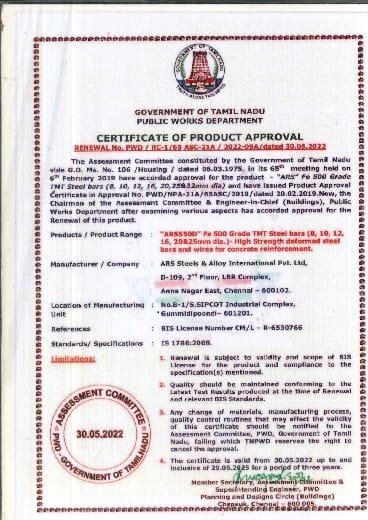 Certificate of Product Approval A (Govt. of TN - PWD)